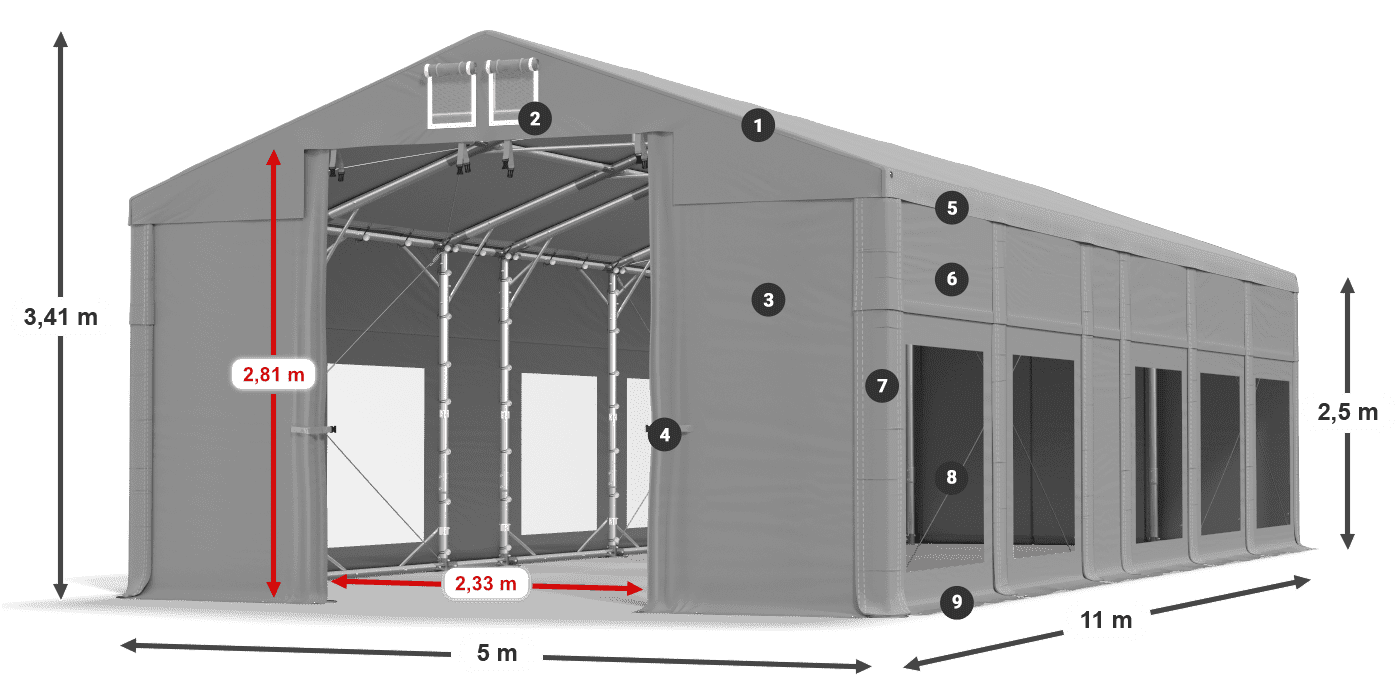 Dach: FR 620 PVC Wände: MS 580 PVC 2,5 m Legende