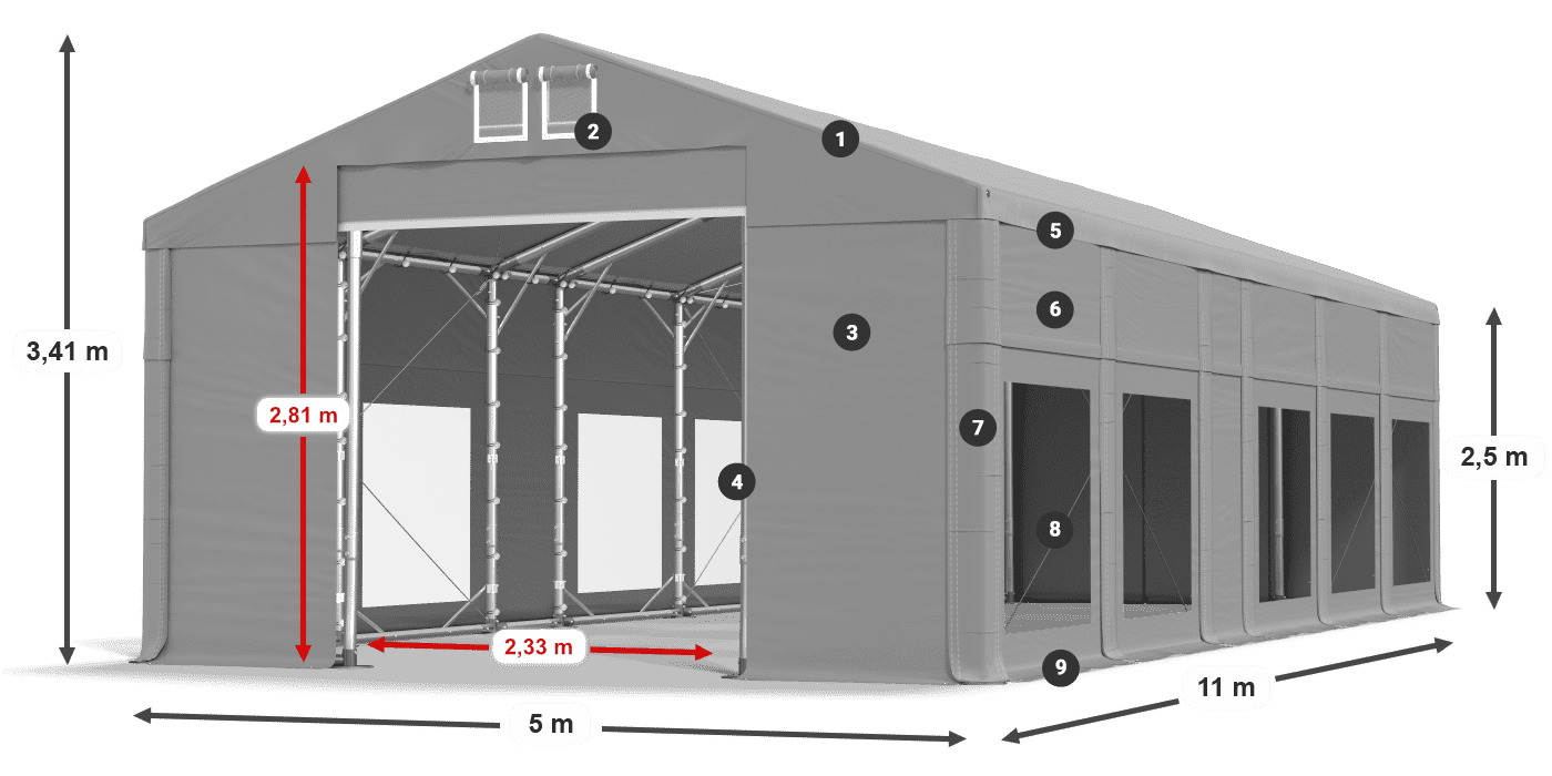 Dach: FR 620 PVC Wände: MS 580 PVC 2,5 m Legende