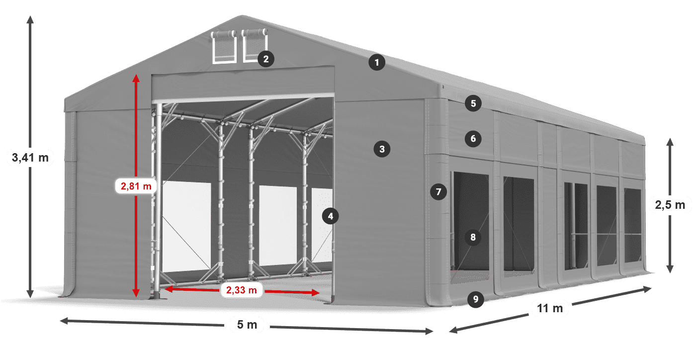 Dach: FR 620 PVC Wände: MS 580 PVC 2,5 m Legende