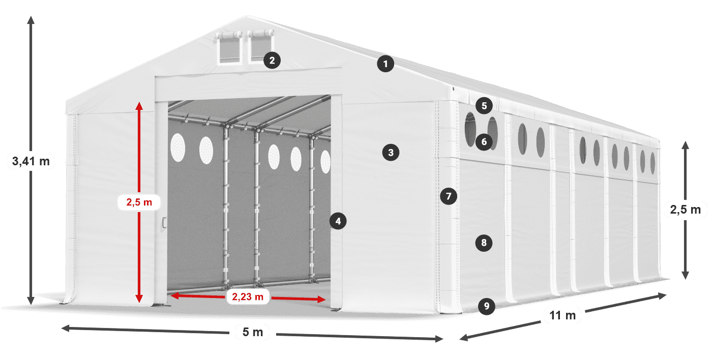 Dach: FR 620 PVC Wände: MS O 580 PVC 2,5 m Legende