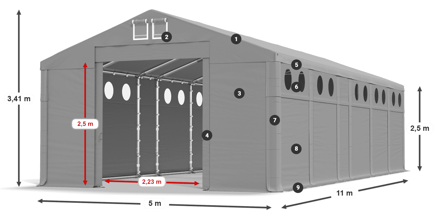 Dach: FR 620 PVC Wände: MS O 580 PVC 2,5 m Legende