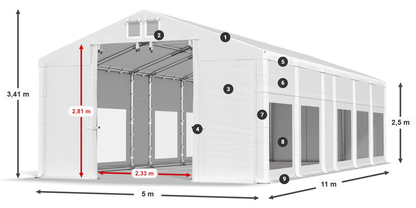 Dach: FR 620 PVC Wände: MS 580 PVC 2,5 m Legende