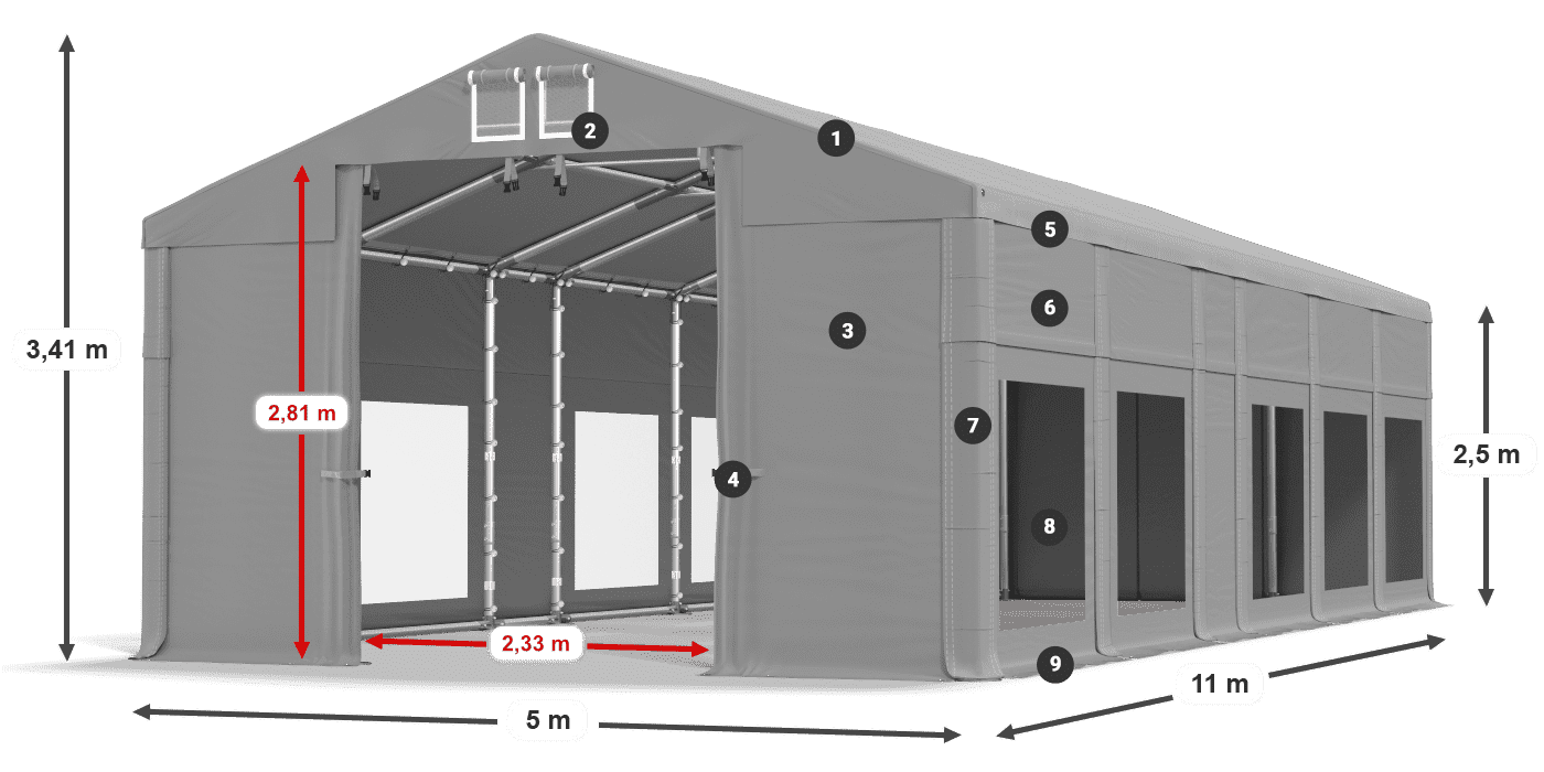 Dach: FR 620 PVC Wände: MS 580 PVC 2,5 m Legende