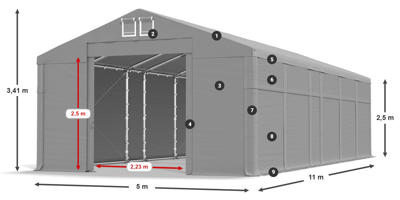 Dach: FR 620 PVC Wände: MS 580 PVC 2,5 m Legende