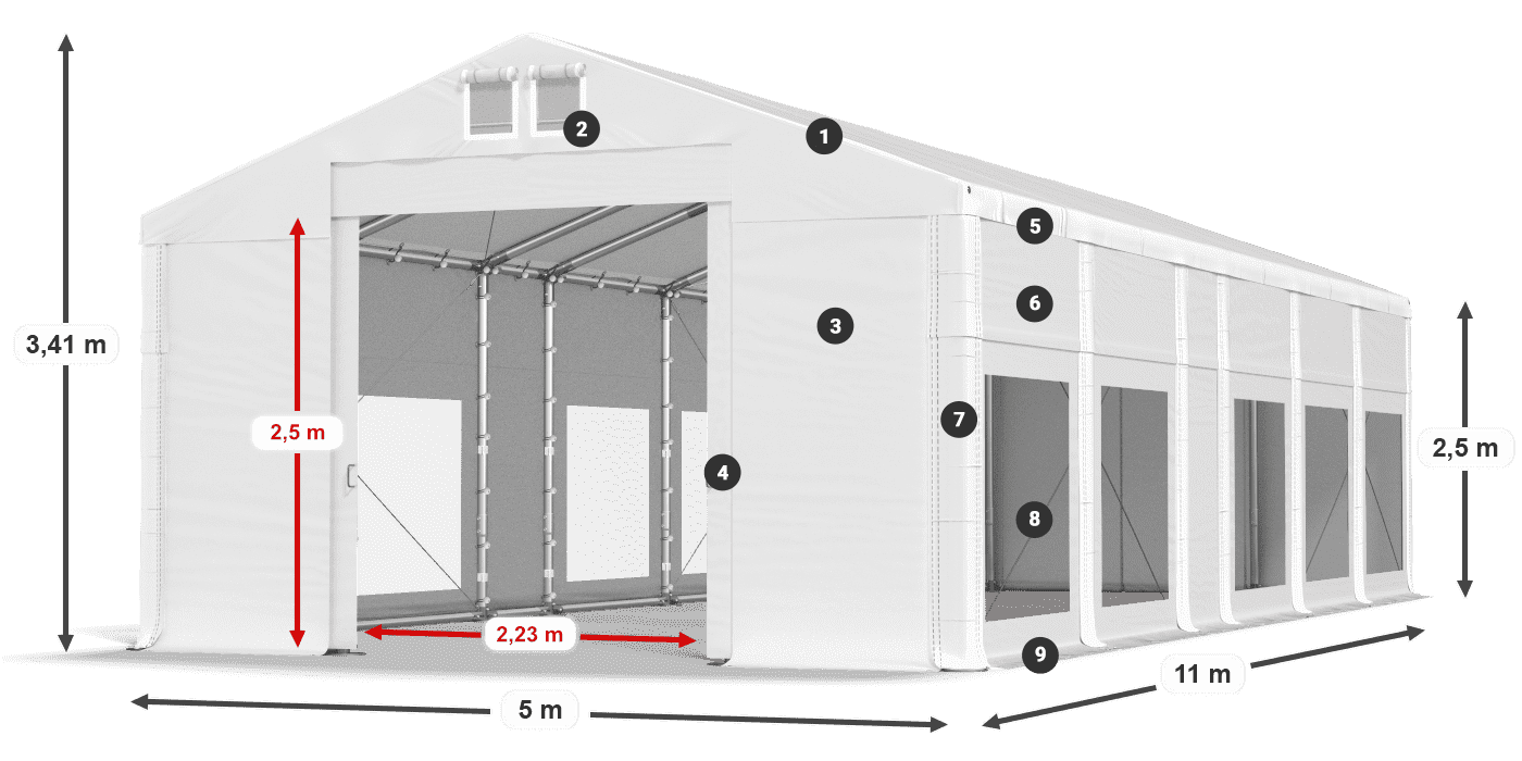 Dach: FR 620 PVC Wände: MS 580 PVC 2,5 m Legende