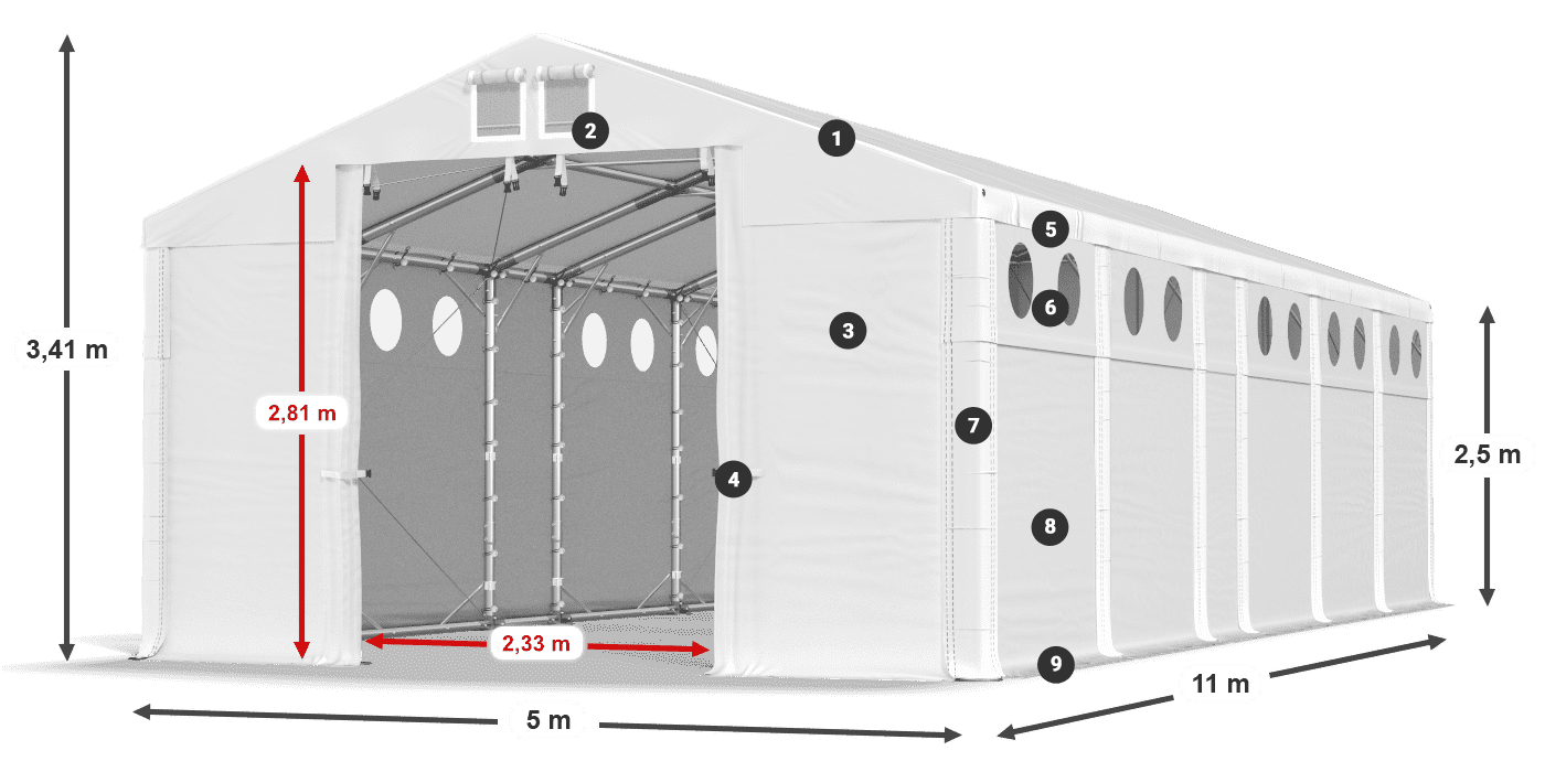 Dach: FR 620 PVC Wände: SD O 500 PVC 2,5 m Legende