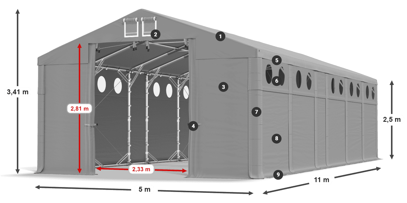 Dach: FR 620 PVC Wände: SD O 500 PVC 2,5 m Legende