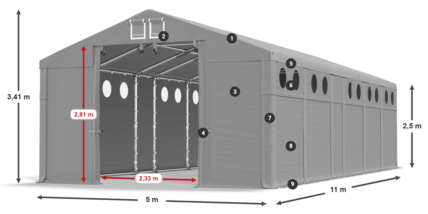 Dach: FR 620 PVC Wände: SD O 500 PVC 2,5 m Legende