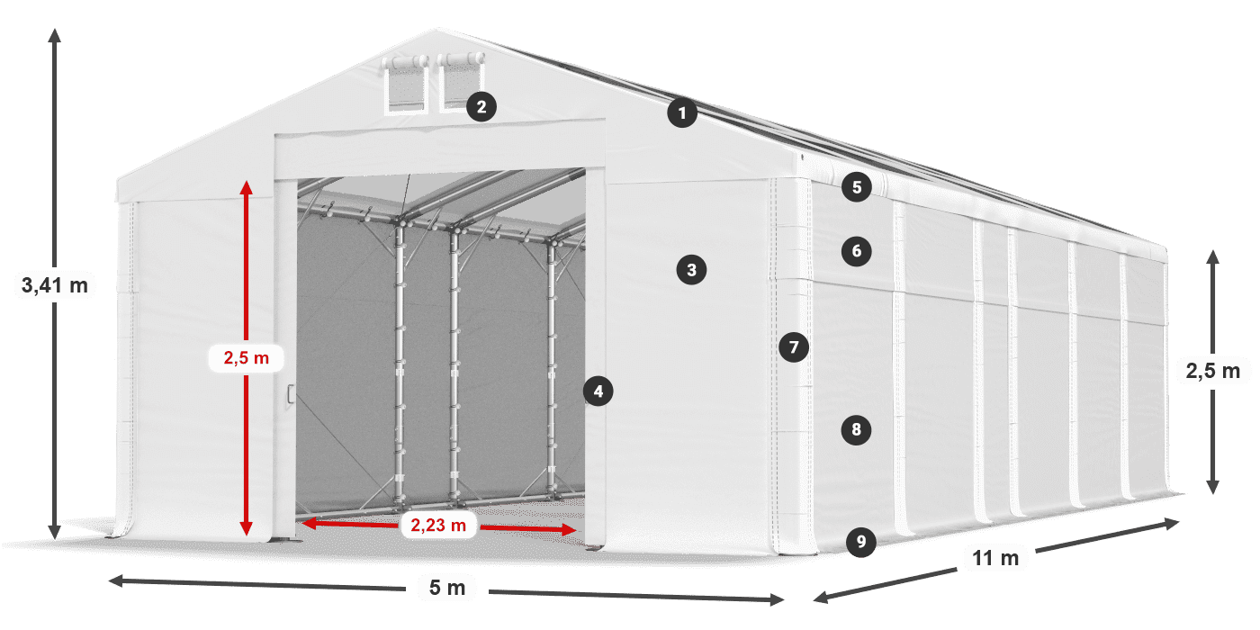 Dach: MS T 580 PVC Wände: FR 620 PVC 2,5 m Legende