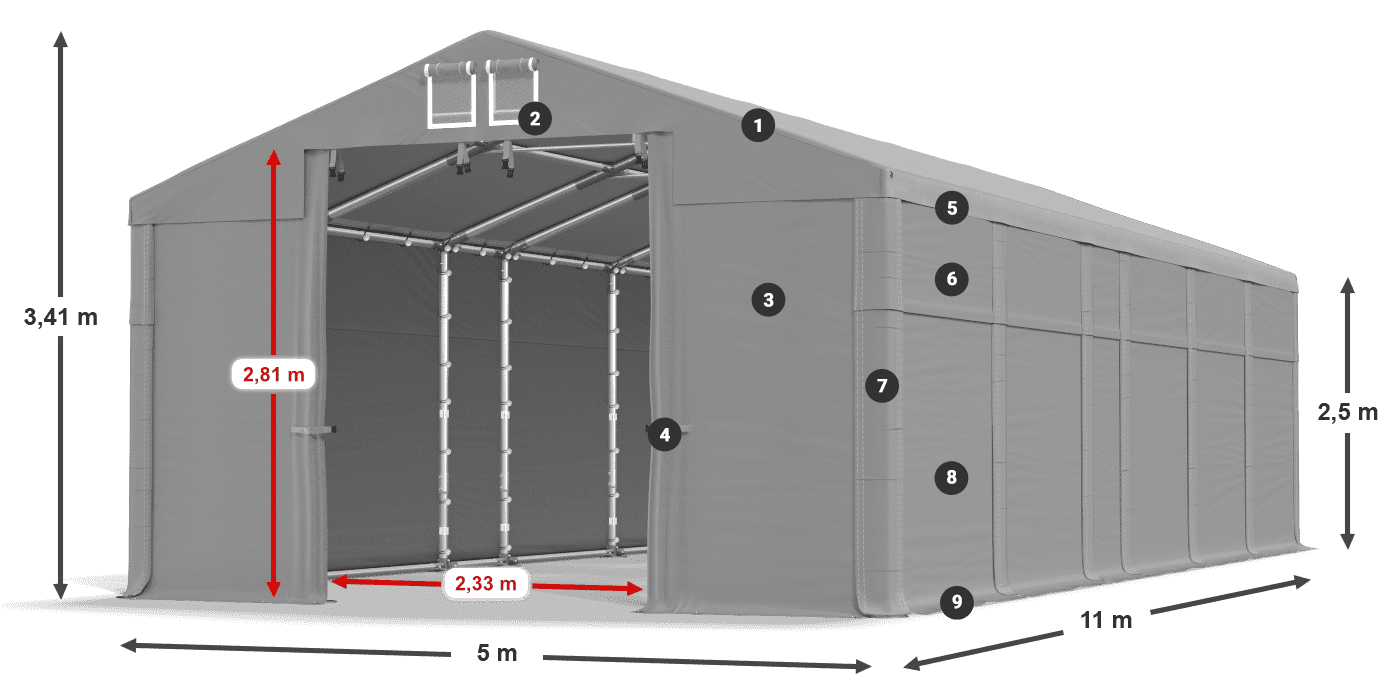 Dach: MS 580 PVC Wände: FR 620 PVC 2,5 m Legende