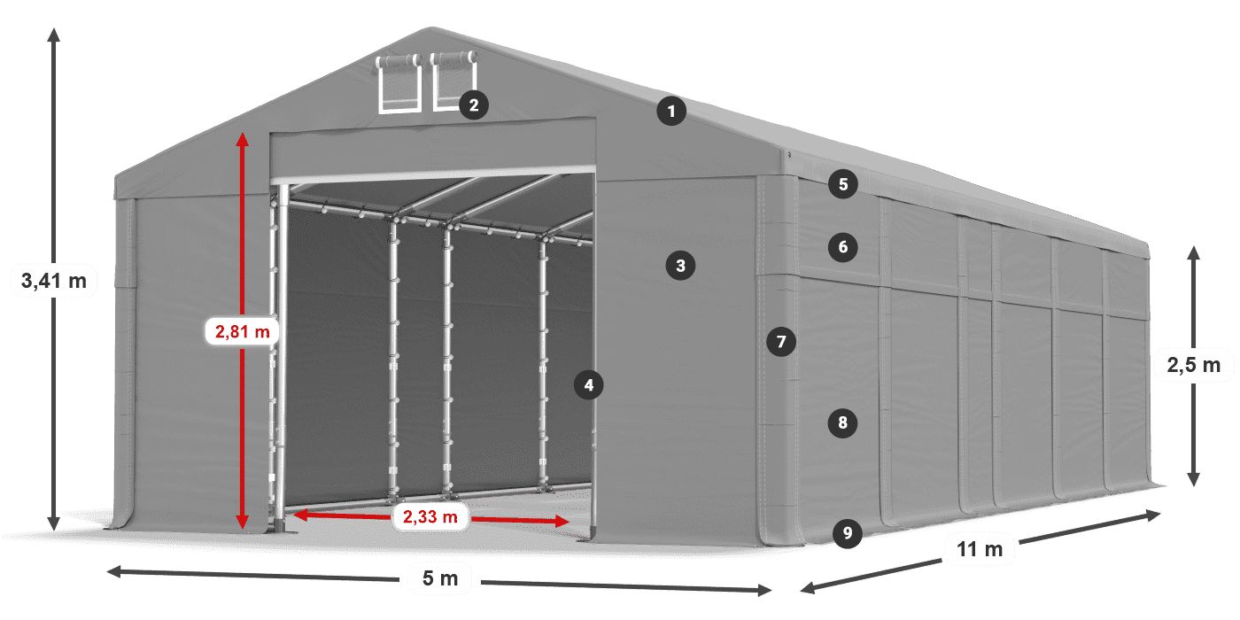 Dach: MS 580 PVC Wände: FR 620 PVC 2,5 m Legende