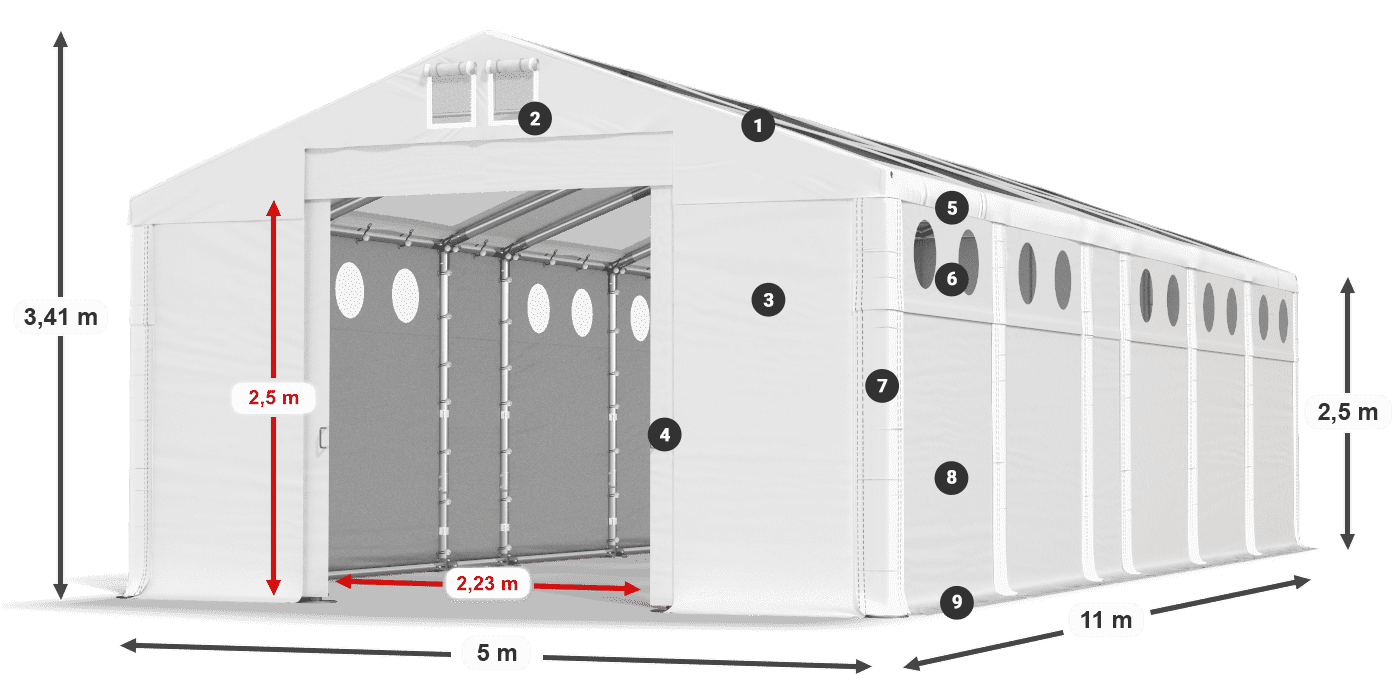 Dach: MS T 580 PVC Wände: FR O 620 PVC 2,5 m Legende