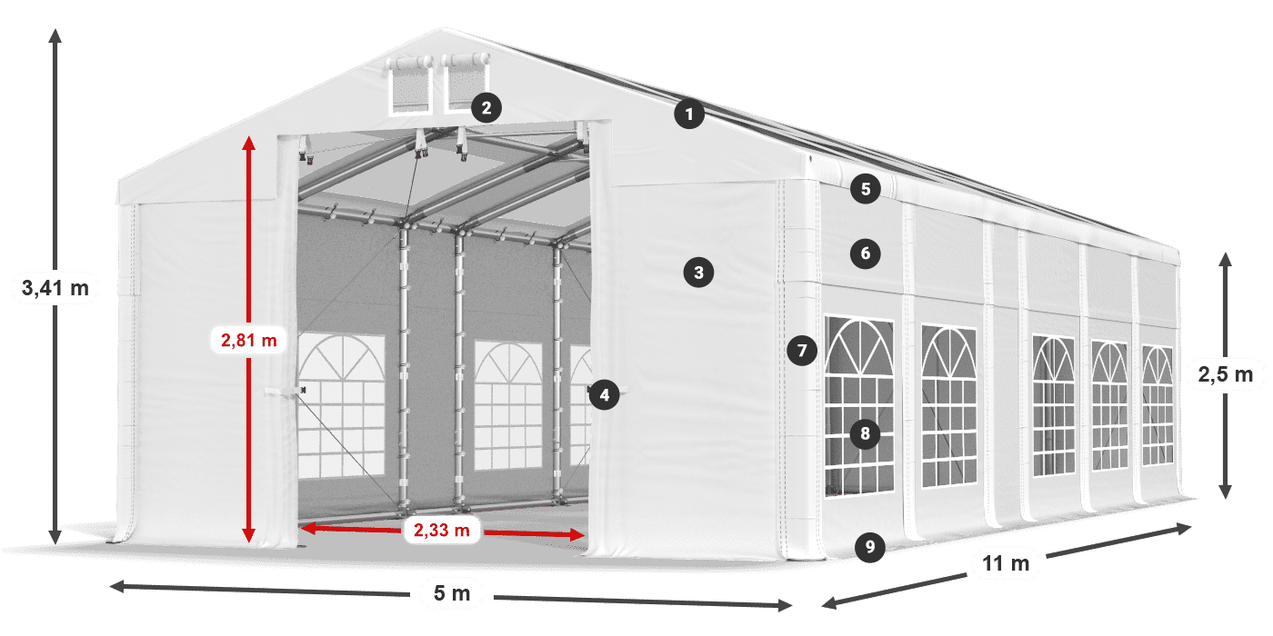 Dach: MS T 580 PVC Wände: FR 620 PVC 2,5 m Legende