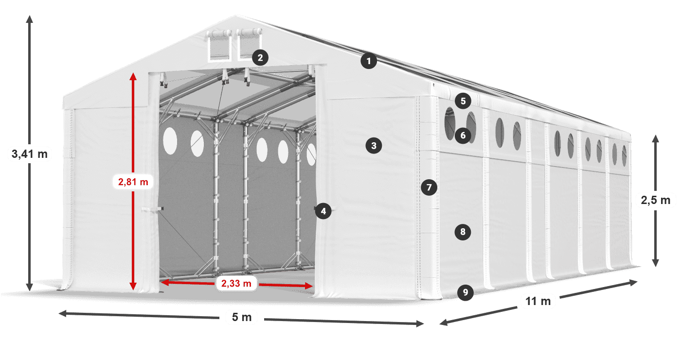 Dach: MS T 580 PVC Wände: MS O 580 PVC 2,5 m Legende