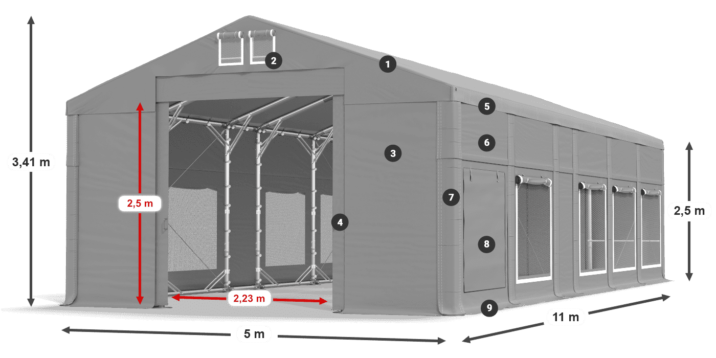 Dach: MS 580 PVC Wände: SD M 500 PVC 2,5 m Legende