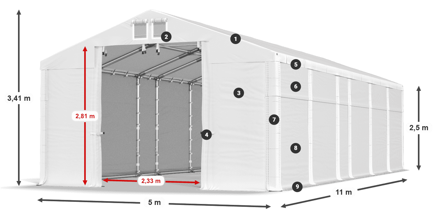 Dach: MS 580 PVC Wände: SD 500 PVC 2,5 m Legende