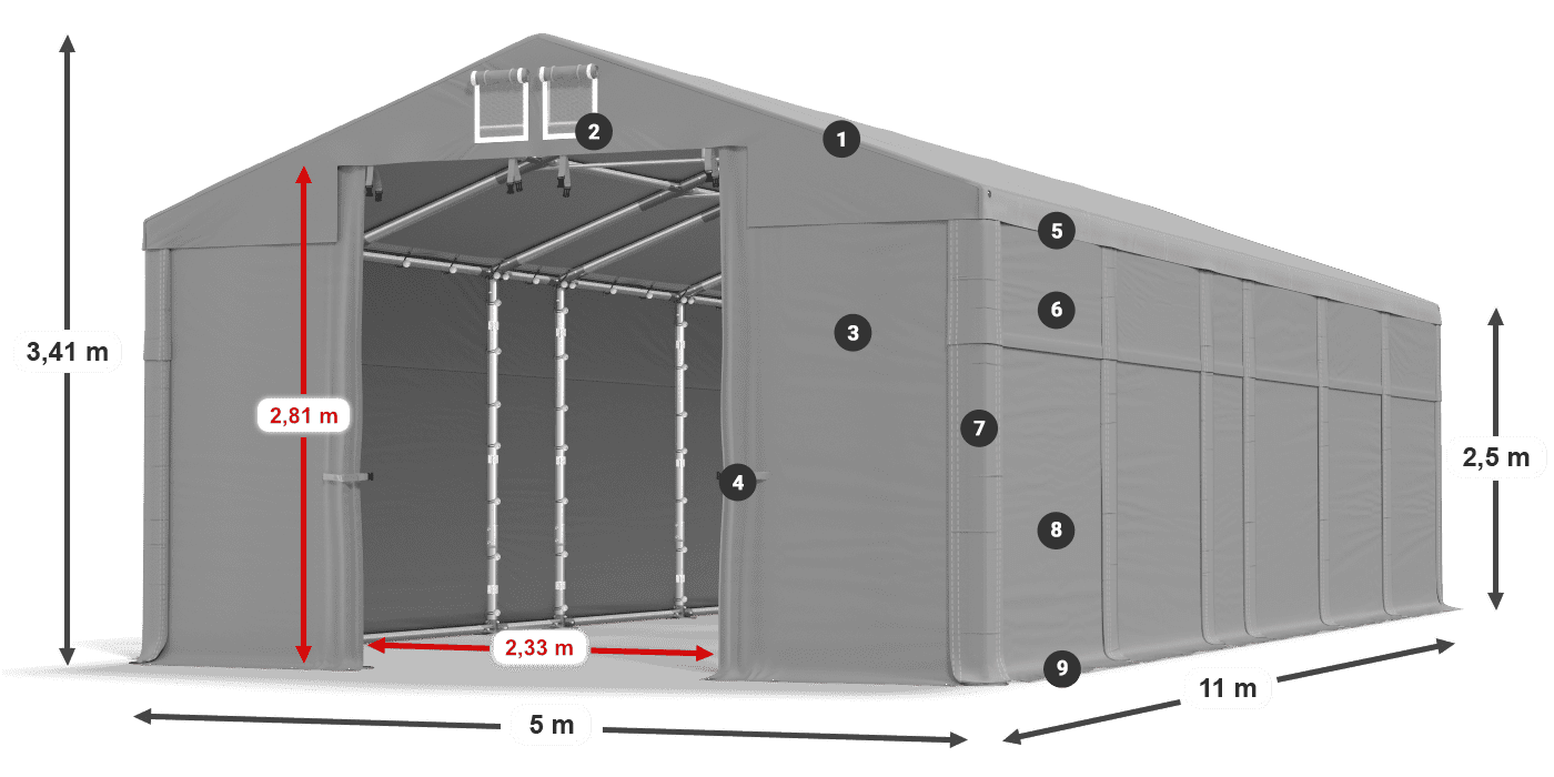 Dach: MS 580 PVC Wände: SD 500 PVC 2,5 m Legende