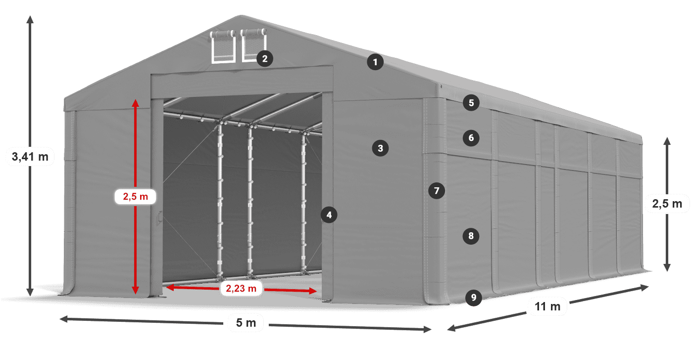 Dach: MS 580 PVC Wände: SD 500 PVC 2,5 m Legende