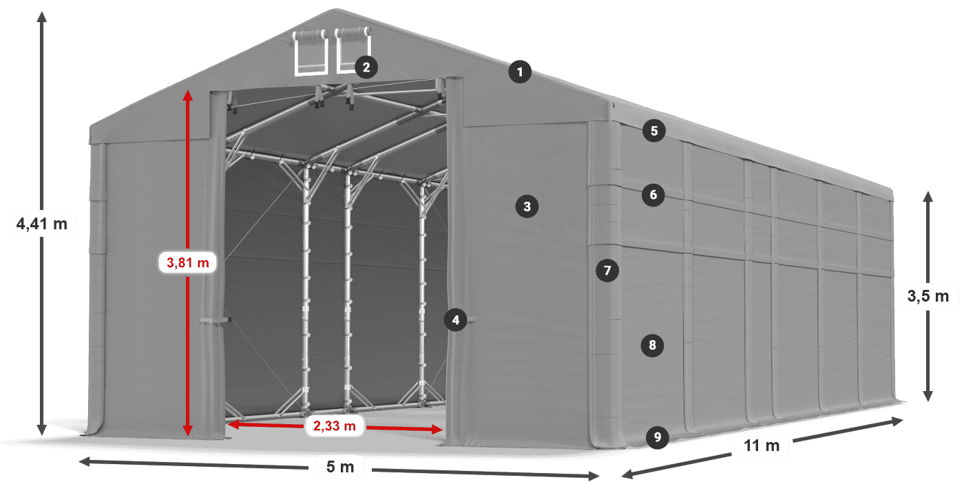 Dach: MS 580 PVC Wände: FR 620 PVC 2,5 m Legende