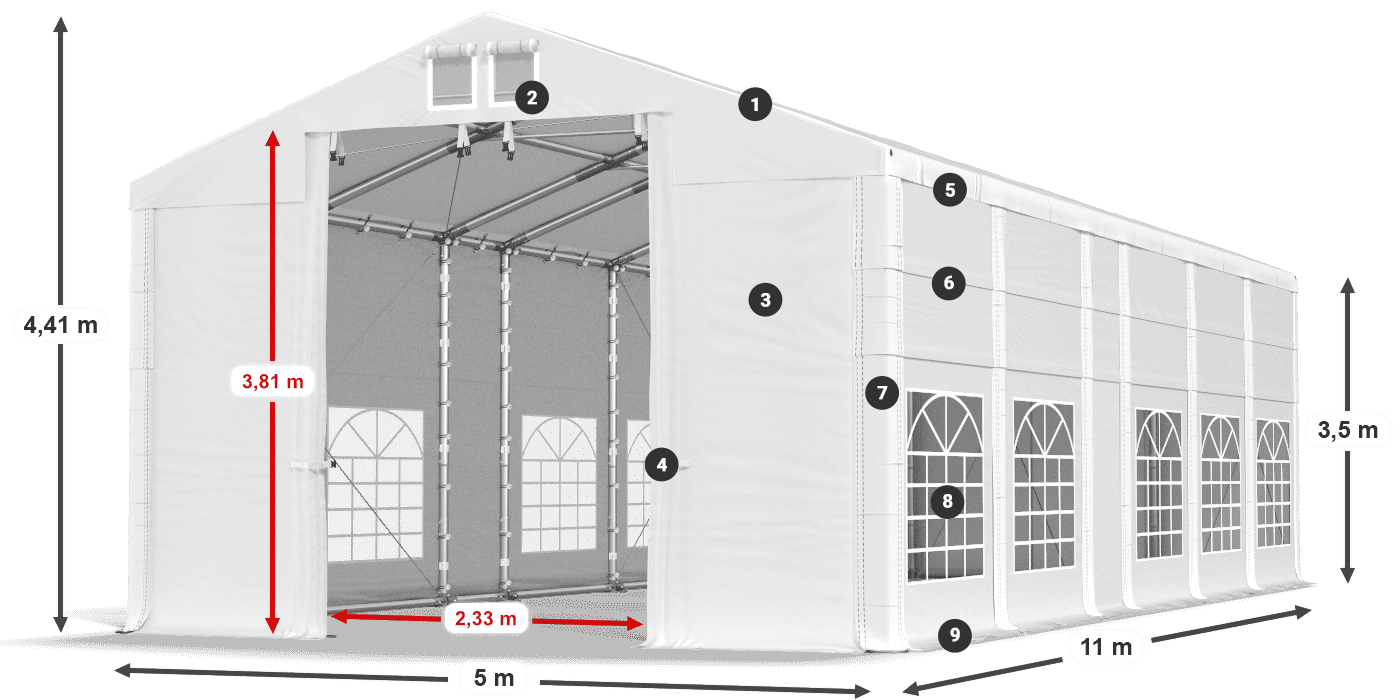 Dach: MS 580 PVC Wände: FR 620 PVC 3,5 m Legende