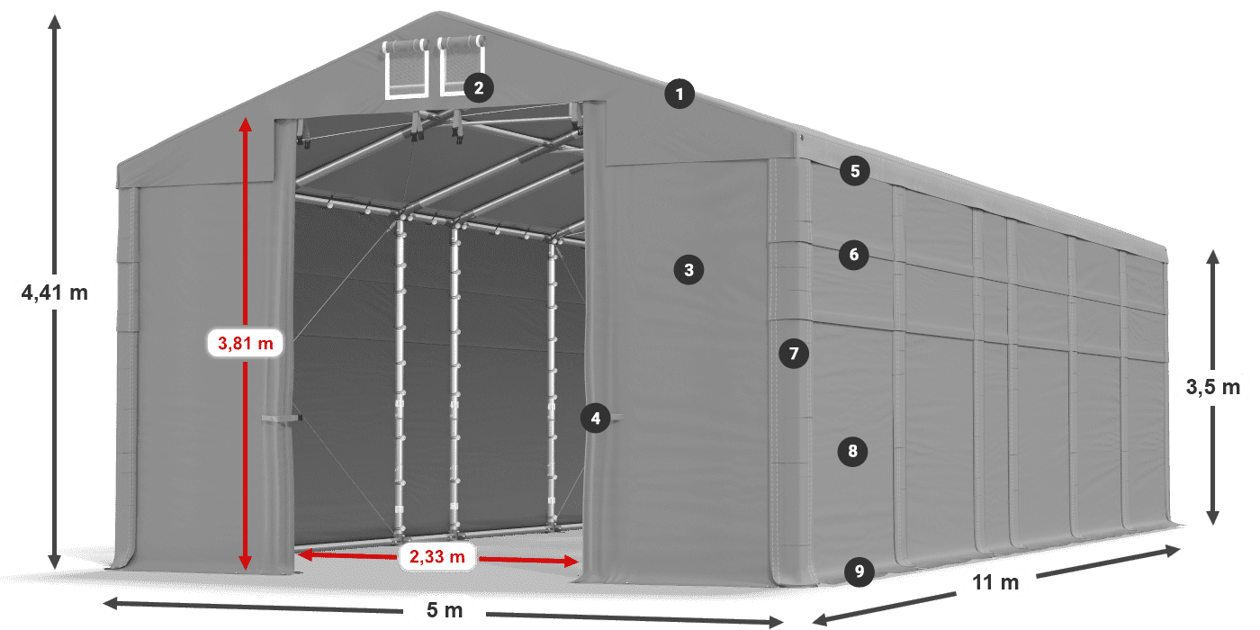 Dach: MS 580 PVC Wände: SD 500 PVC 3,5 m Legende