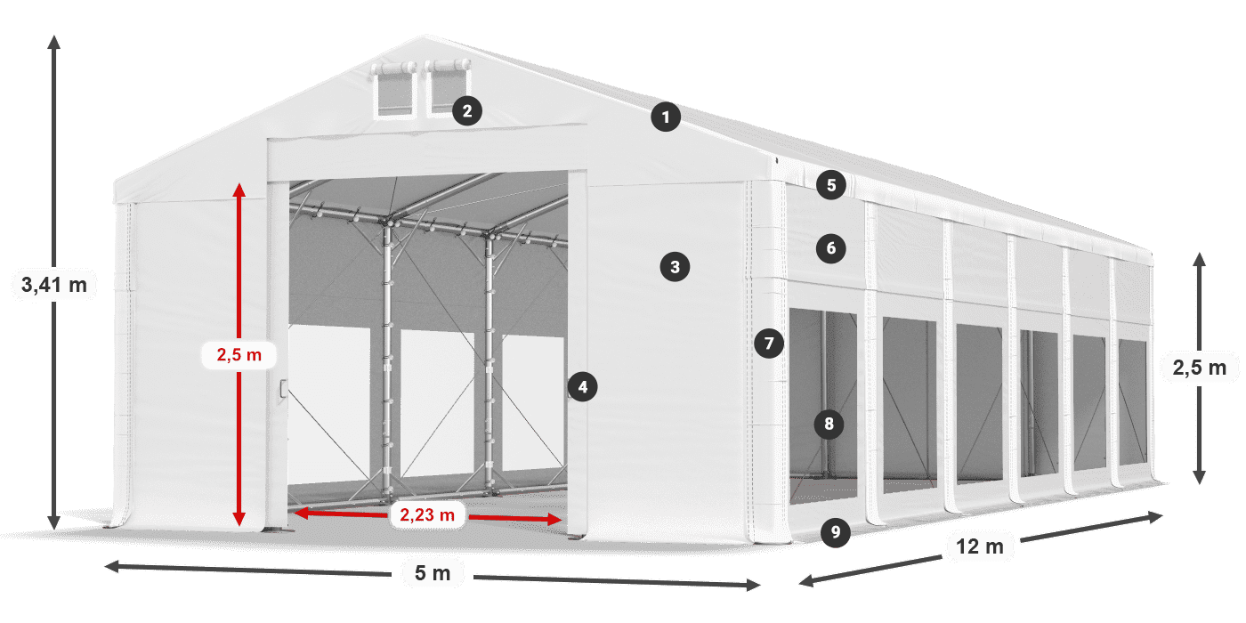 Dach: FR 620 PVC Wände: MS 580 PVC 2,5 m Legende