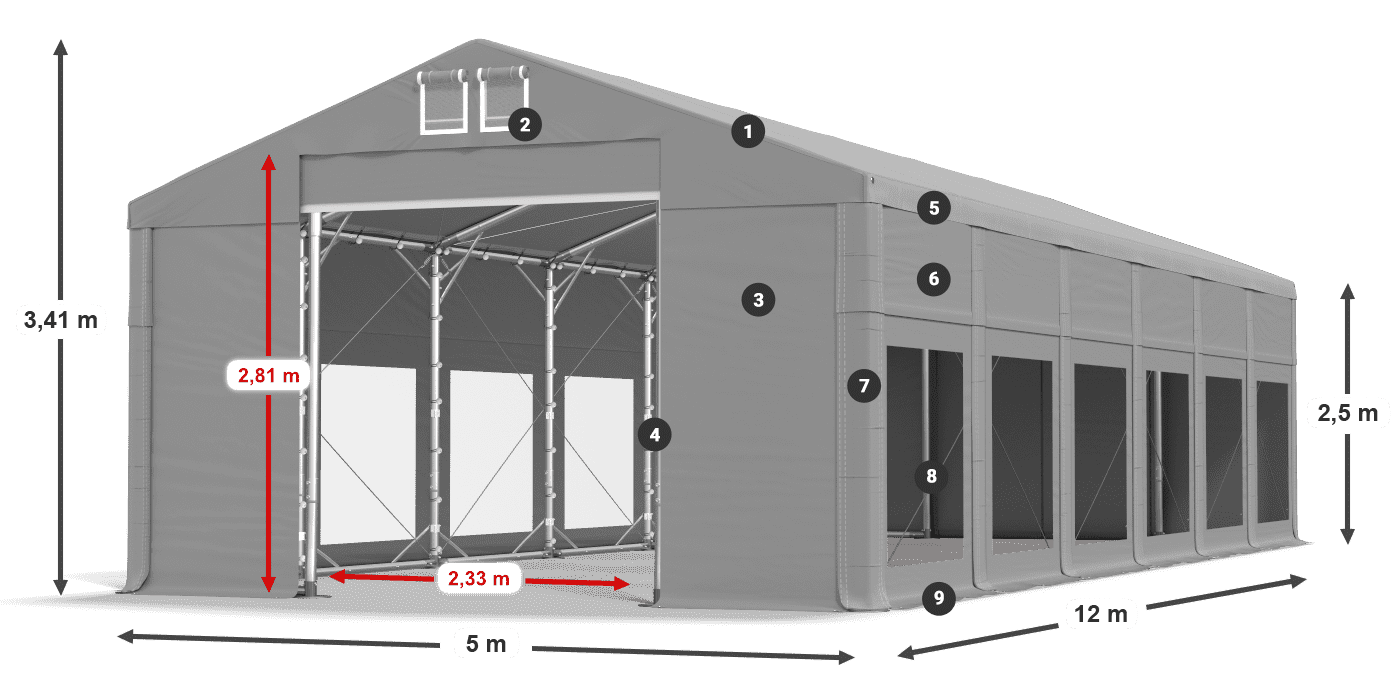 Dach: FR 620 PVC Wände: MS 580 PVC 2,5 m Legende