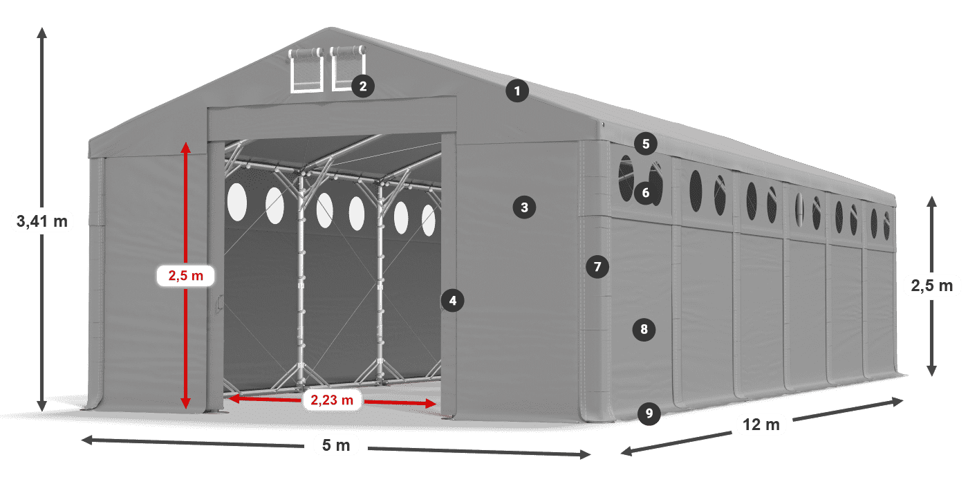 Dach: FR 620 PVC Wände: MS O 580 PVC 2,5 m Legende