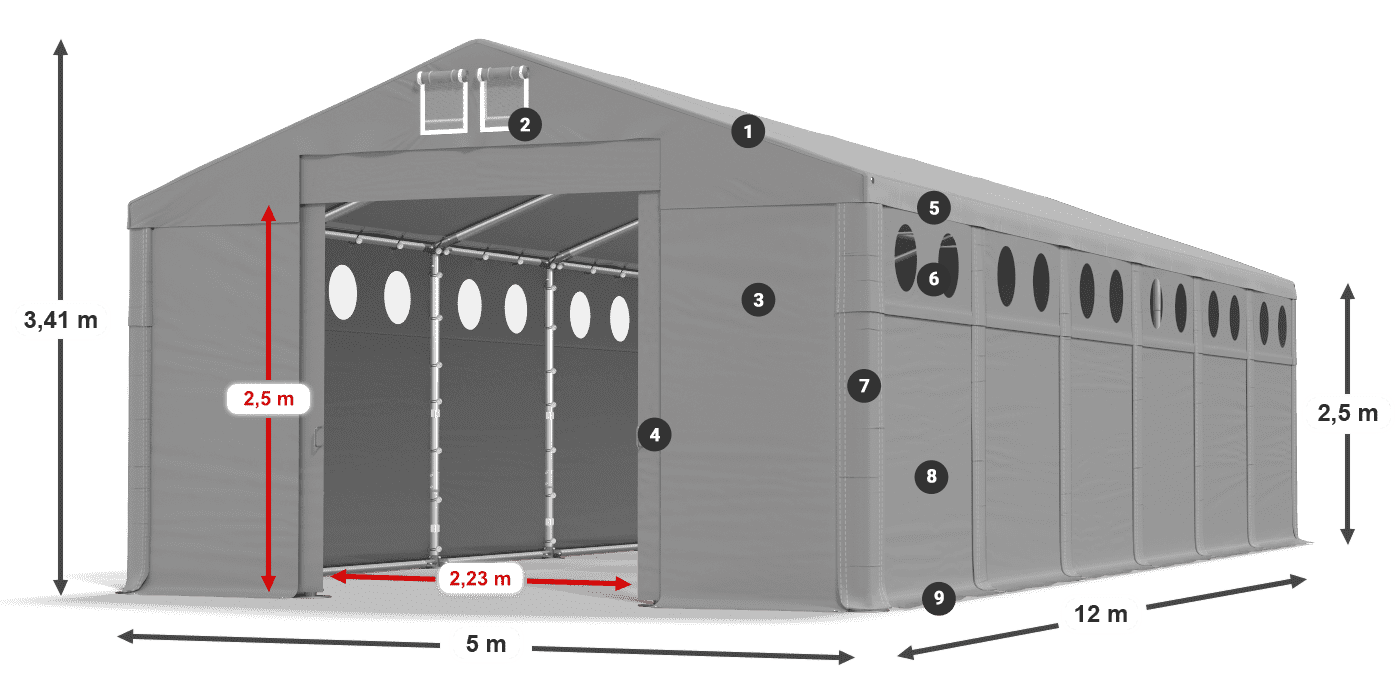 Dach: FR 620 PVC Wände: MS O 580 PVC 2,5 m Legende