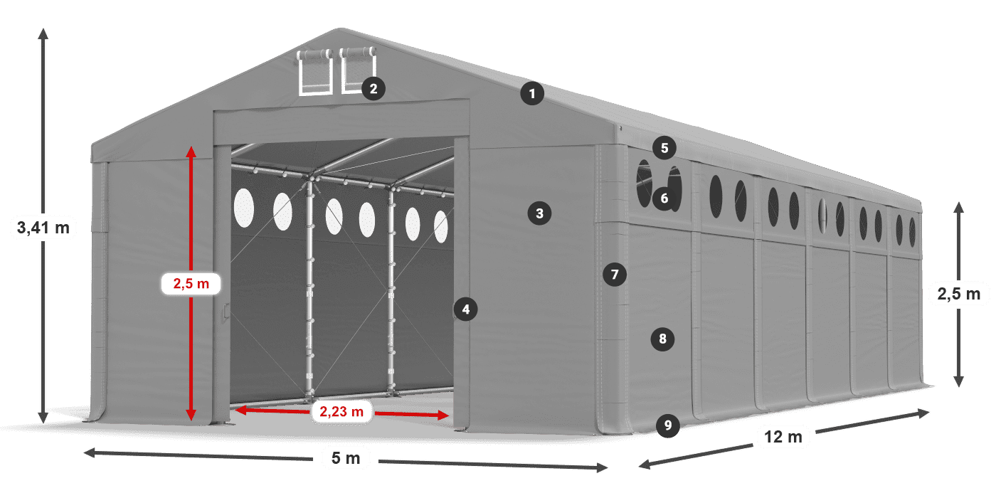 Dach: FR 620 PVC Wände: SD O 500 PVC 2,5 m Legende