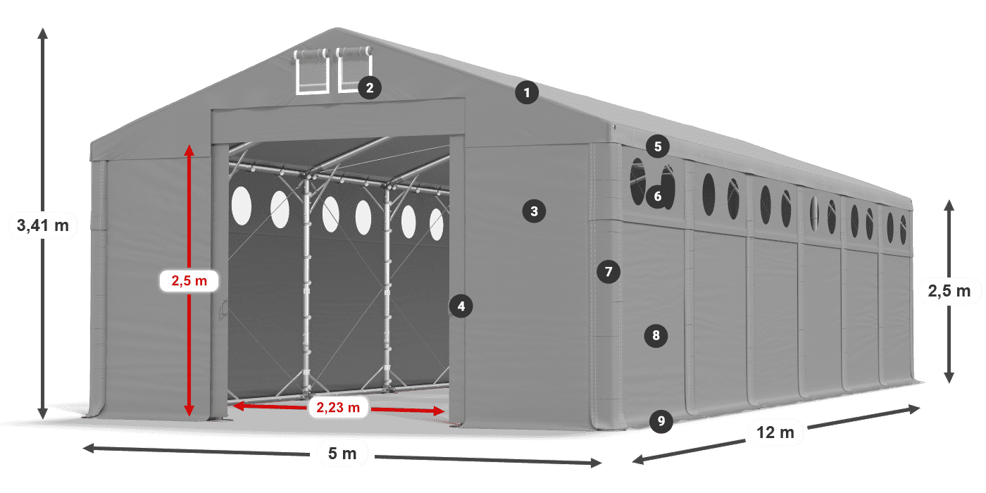 Dach: MS 580 PVC Wände: FR O 620 PVC 2,5 m Legende