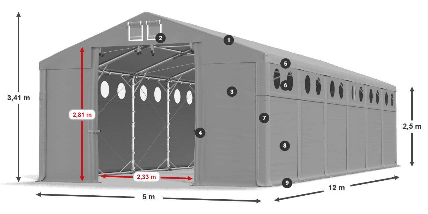 Dach: MS 580 PVC Wände: FR O 620 PVC 2,5 m Legende