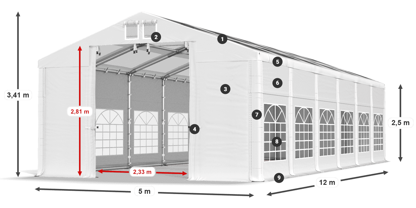 Dach: MS T 580 PVC Wände: FR 620 PVC 2,5 m Legende