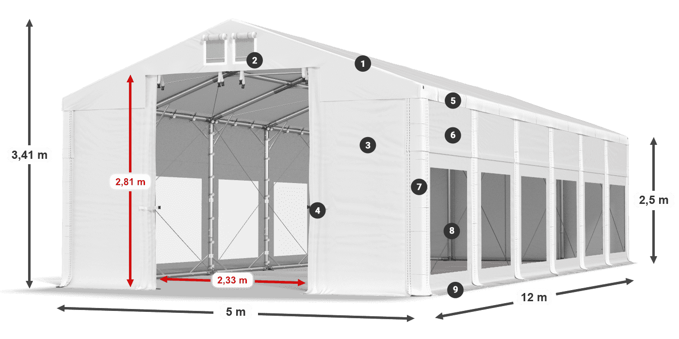 Dach: MS 580 PVC Wände: MS 580 PVC 2,5 m Legende