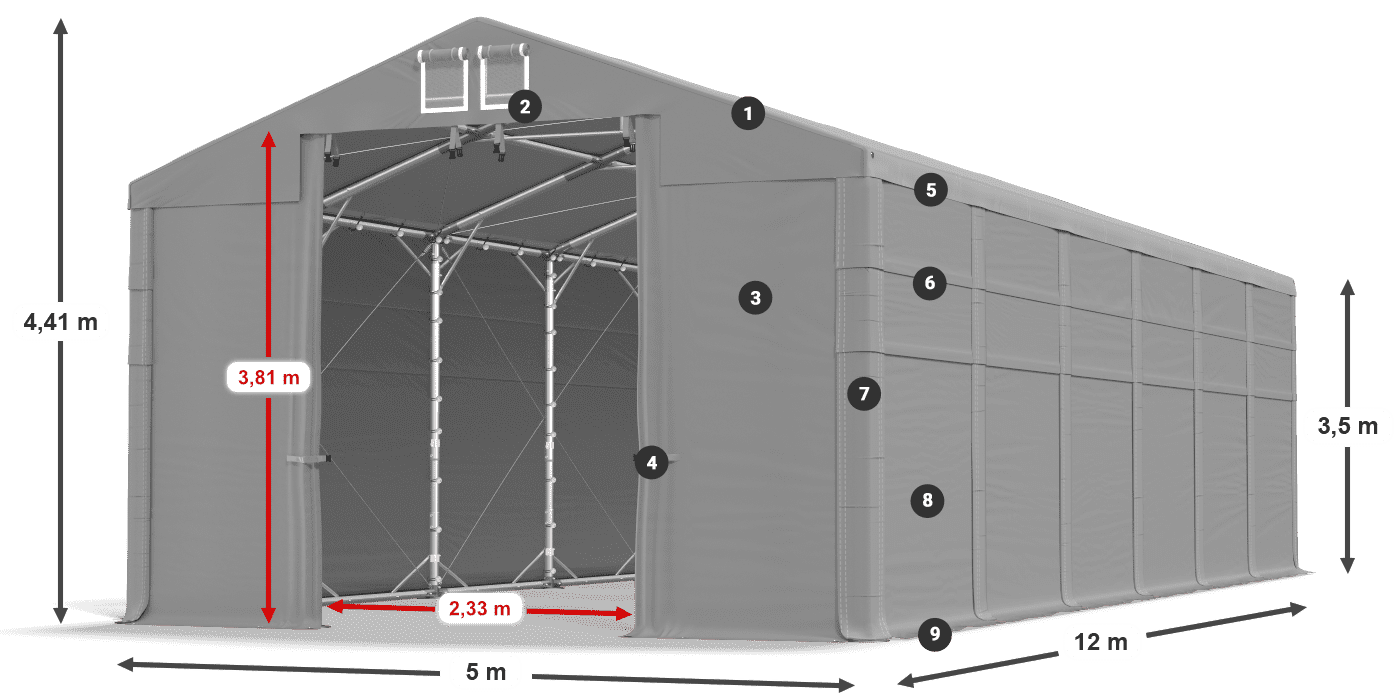 Dach: FR 620 PVC Wände: MS 580 PVC 3,5 m Legende