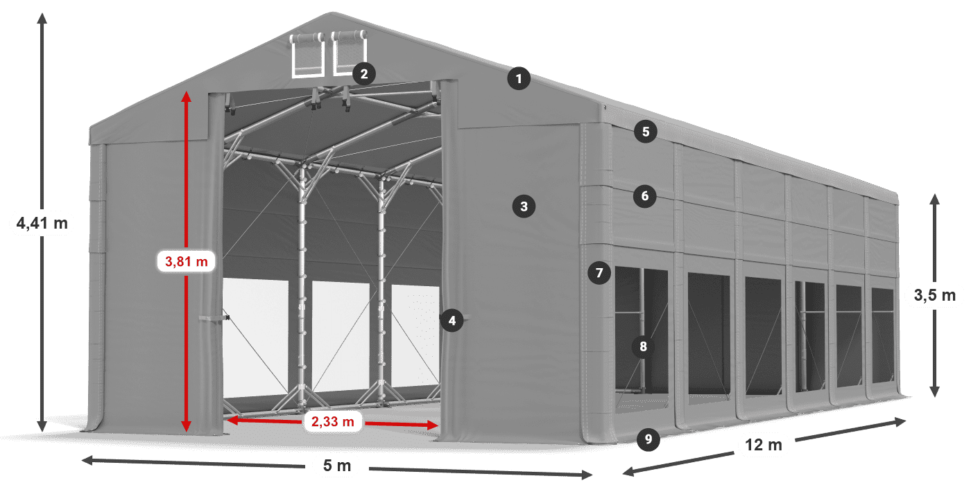 Dach: FR 620 PVC Wände: MS 580 PVC 3,5 m Legende