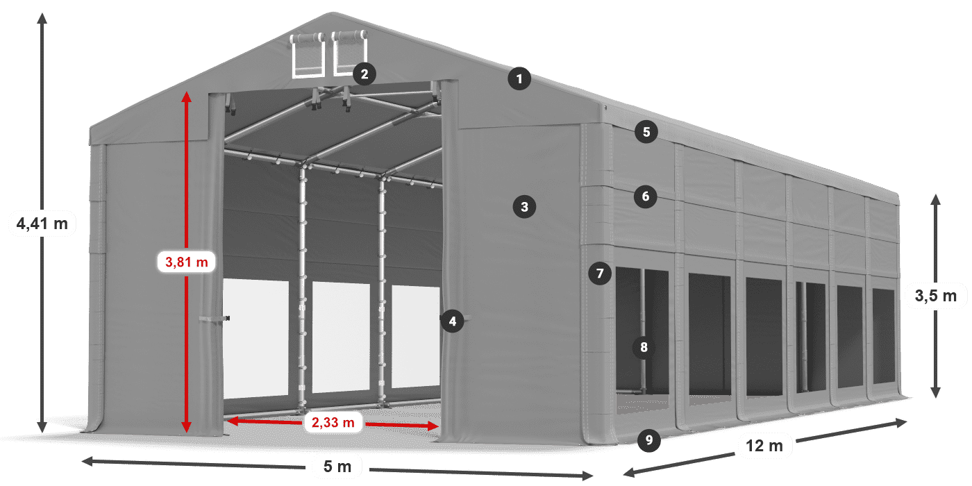 Dach: FR 620 PVC Wände: MS 580 PVC 3,5 m Legende