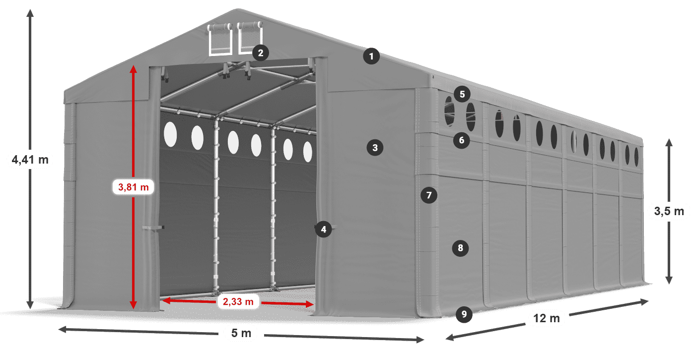 Dach: FR 620 PVC Wände: SD O 500 PVC 3,5 m Legende