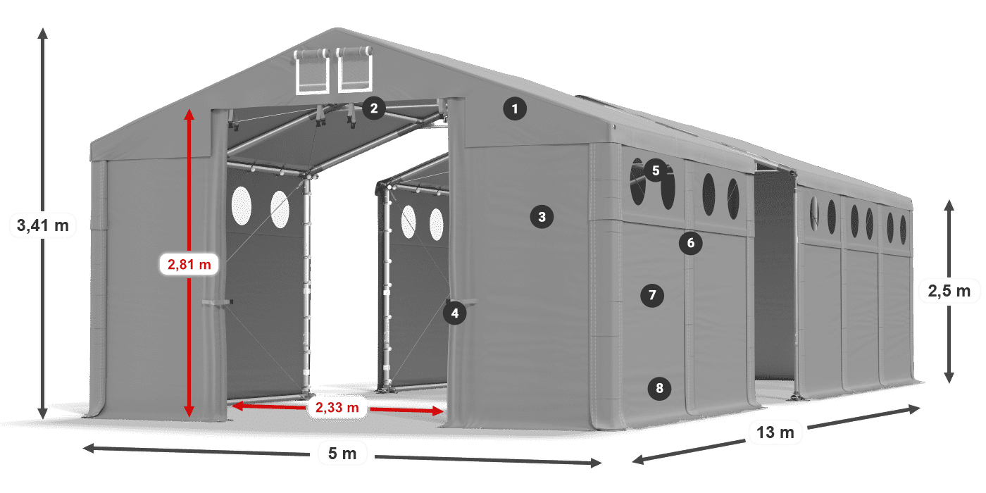 Dach: FR 620 PVC Wände: MS O 580 PVC 2,5 m Legende