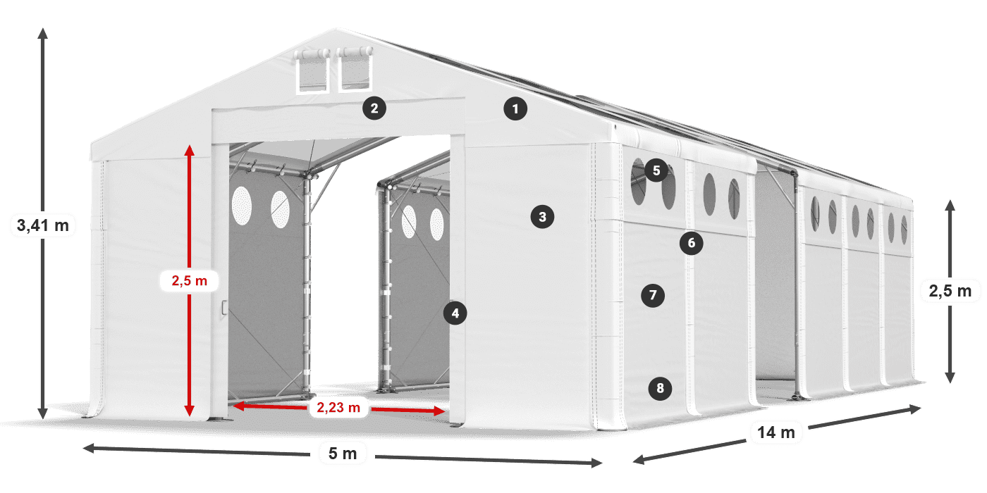 Dach: MS T 580 PVC Wände: FR O 620 PVC 2,5 m Legende