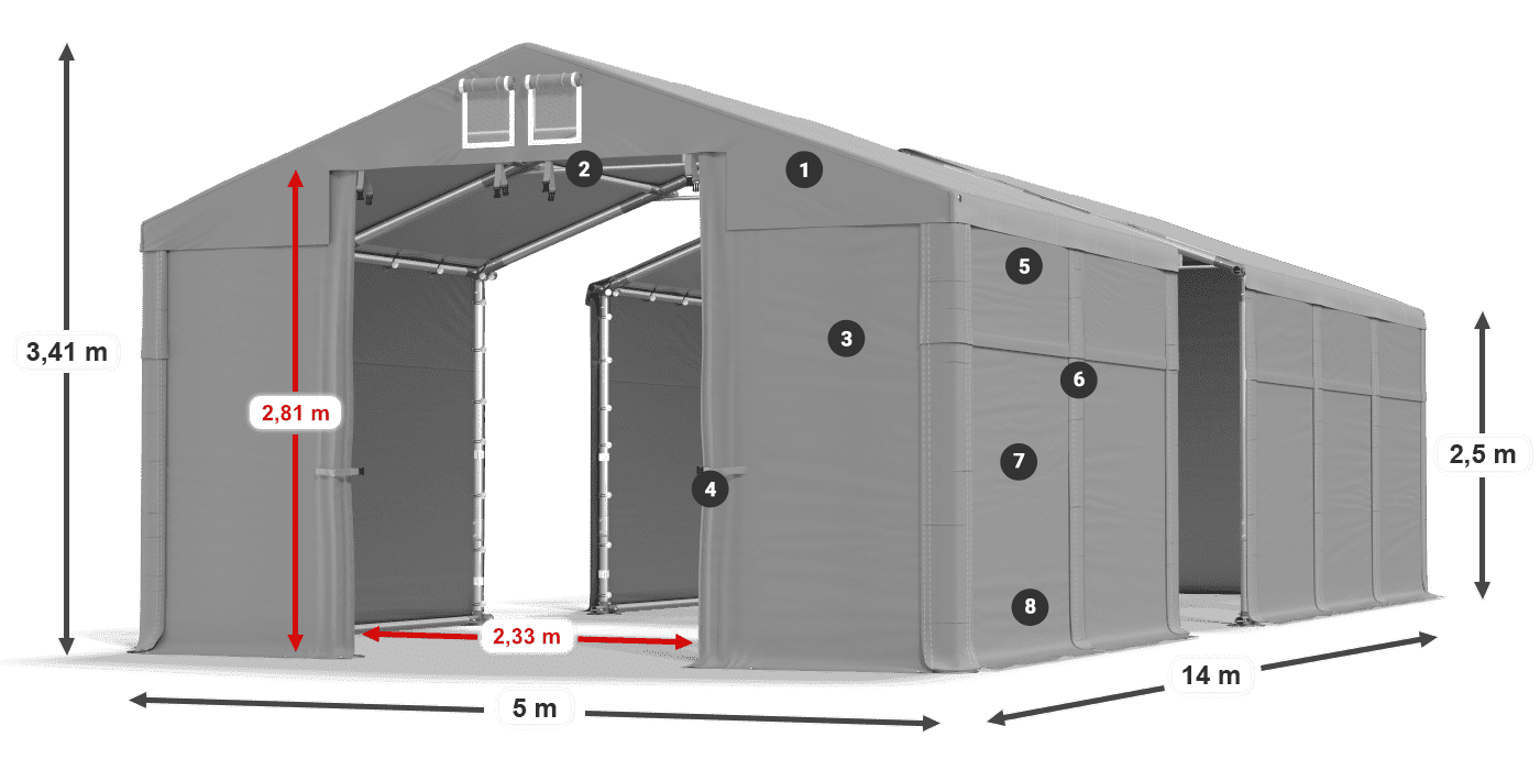 Dach: MS 580 PVC Wände: FR 620 PVC 2,5 m Legende