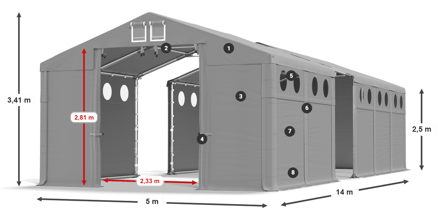 Dach: MS 580 PVC Wände: SD O 500 PVC 2,5 m Legende