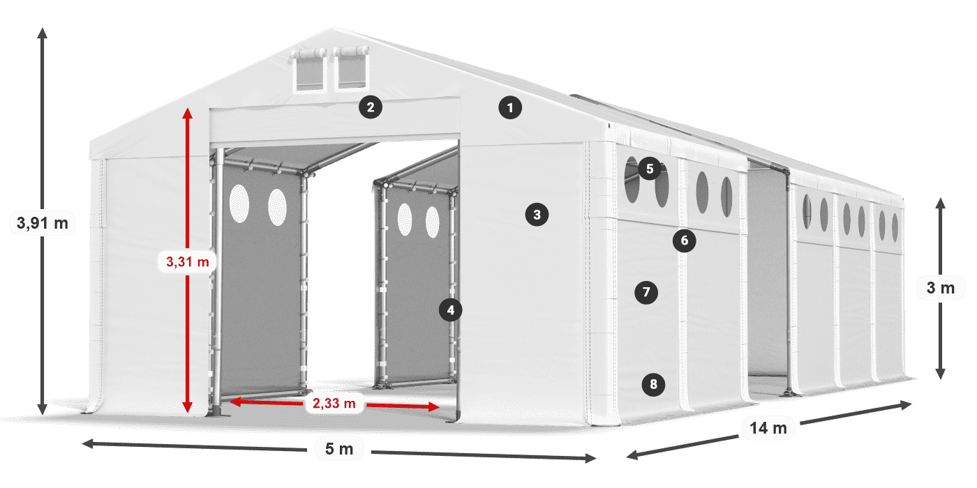 Dach: SD 560 PVC Wände: FR O 620 PVC Legende 3m