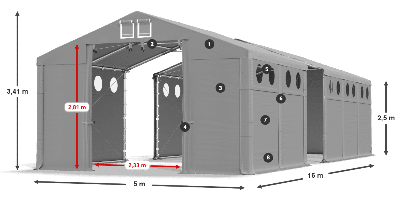 Dach: FR 620 PVC Wände: MS O 580 PVC 2,5 m Legende