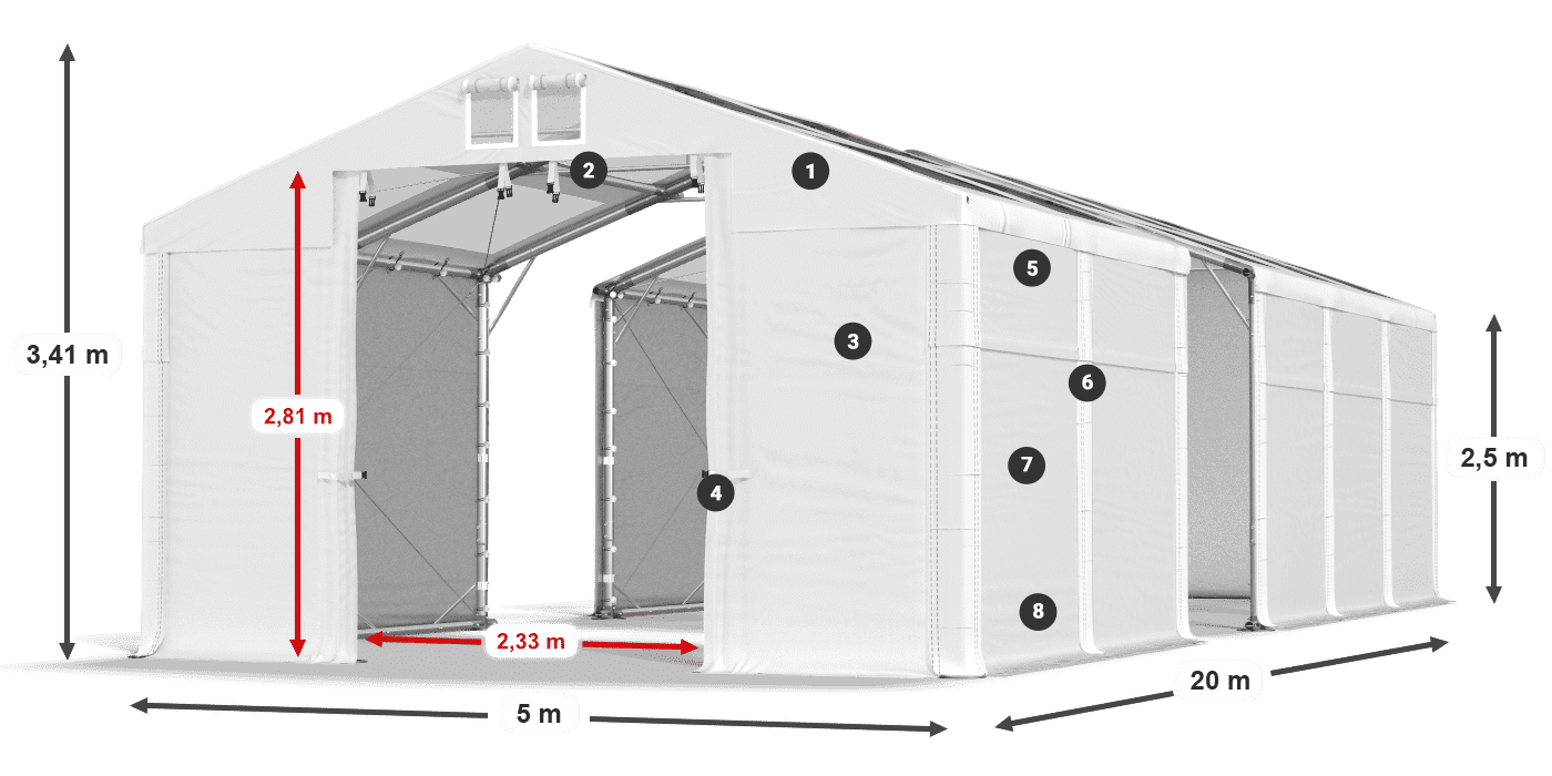 Dach: MS T 580 PVC Wände: FR 620 PVC 2,5 m Legende