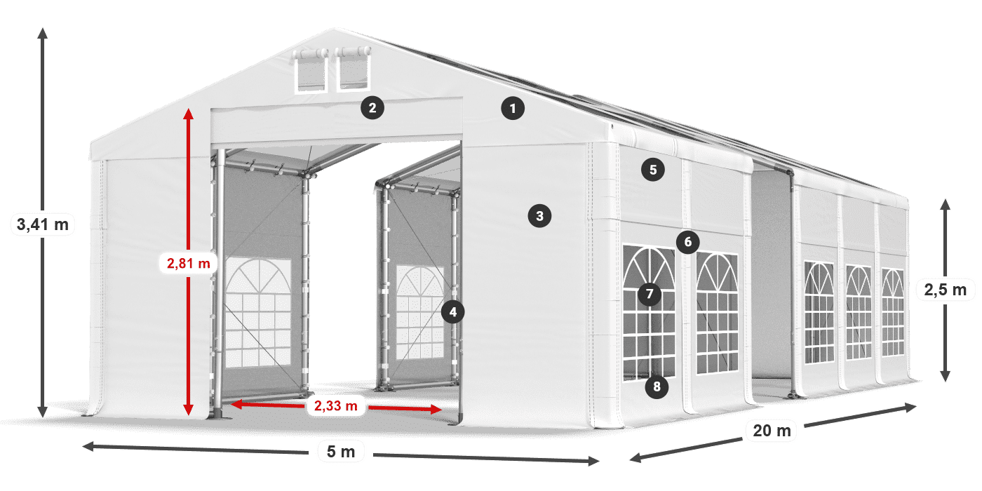 Dach: MS T 580 PVC Wände: FR 620 PVC 2,5 m Legende