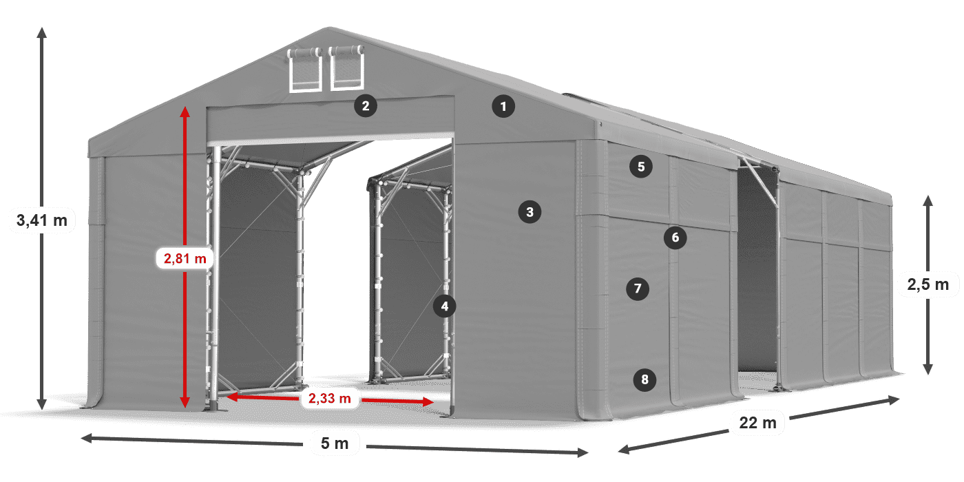Dach: MS 580 PVC Wände: FR 620 PVC 2,5 m Legende