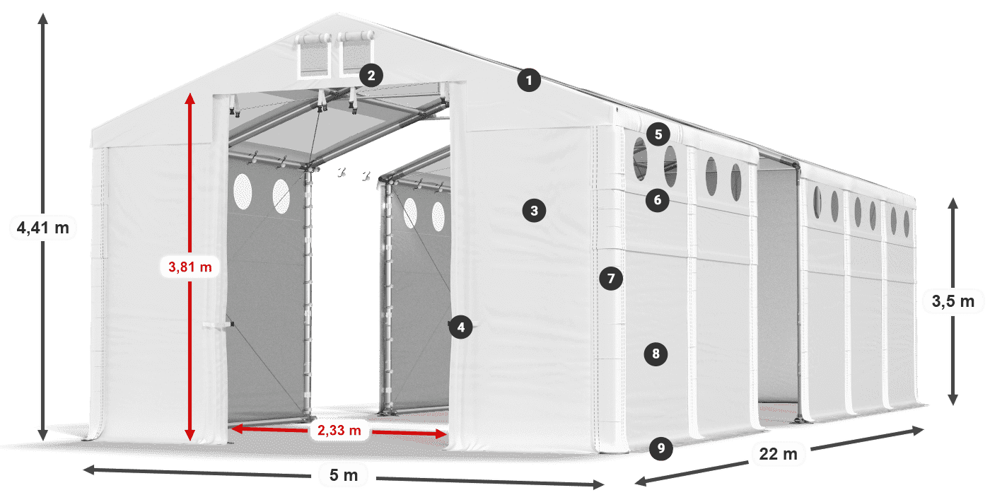 Dach: MS T 580 PVC Wände: SD O 500 PVC 3,5 m Legende