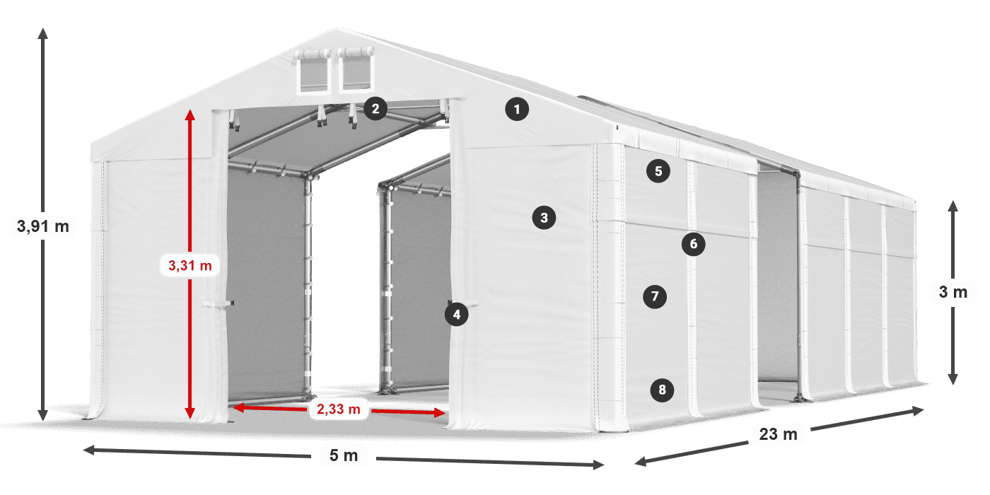 Dach: MS 580 PVC Wände: FR 620 PVC  3 m Legende