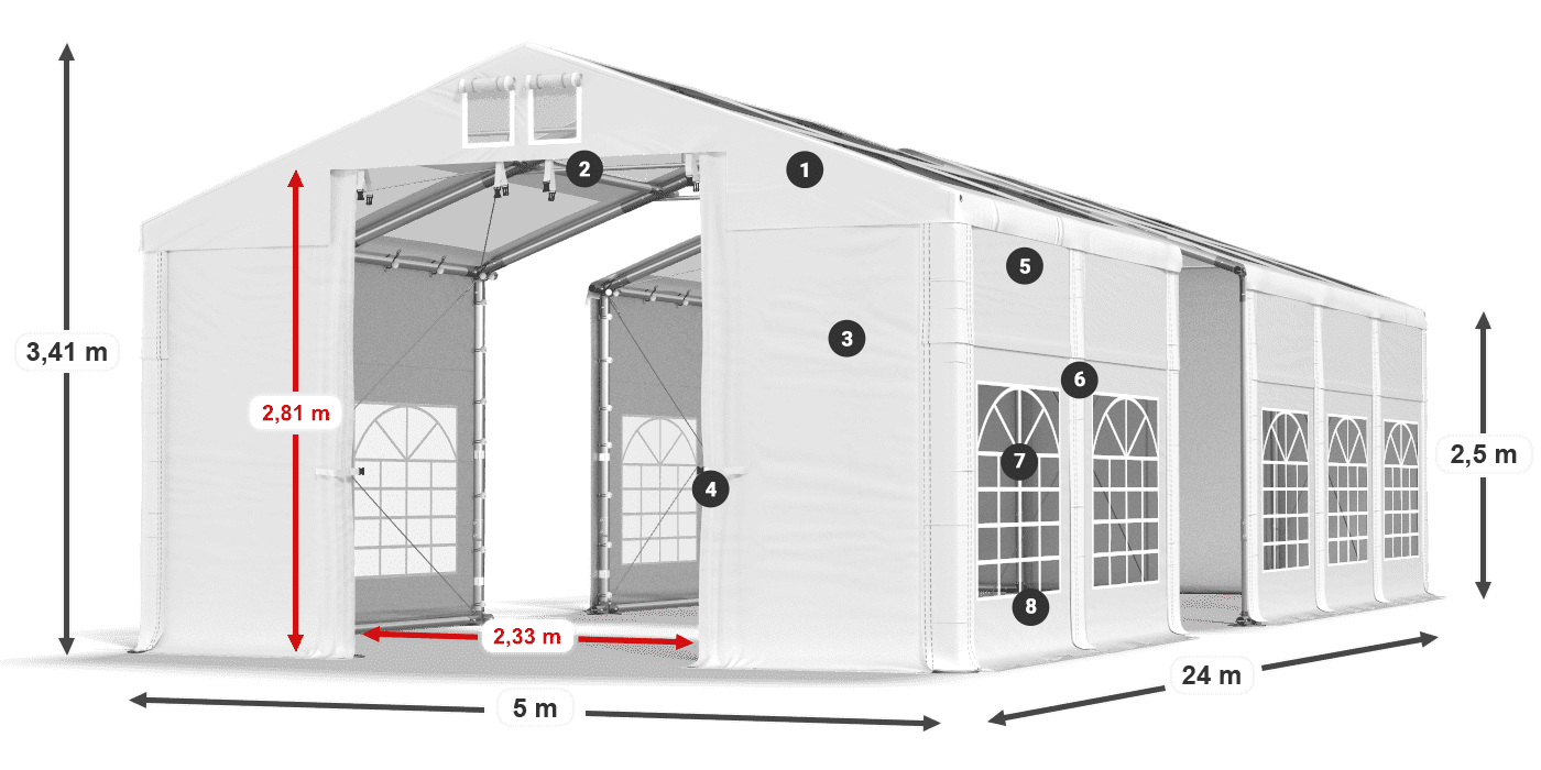 Dach: MS T 580 PVC Wände: FR 620 PVC 2,5 m Legende